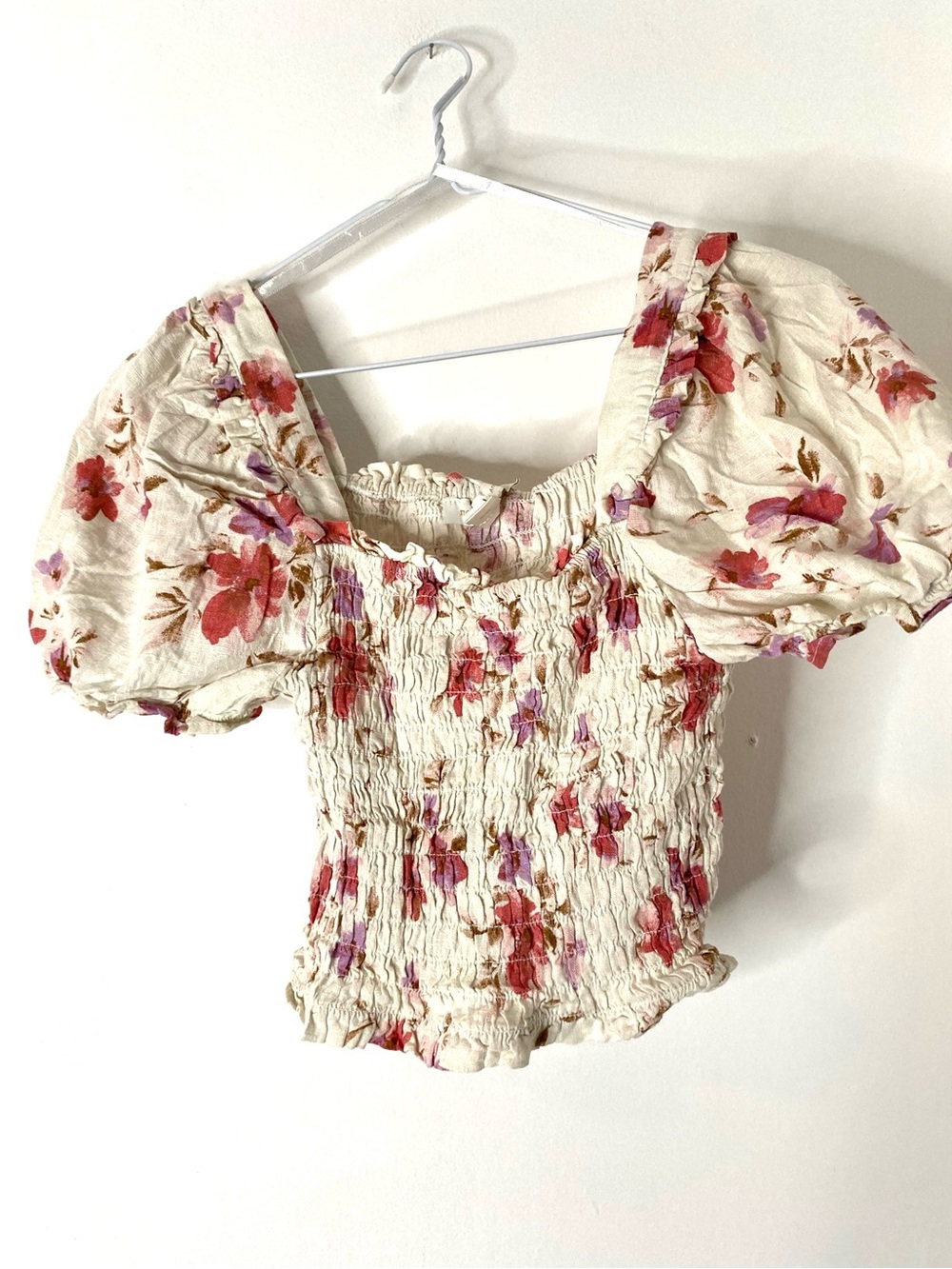 Floral Smocked Linen Blend Puff Sleeve Cottagecore Top Monteau Los Angeles